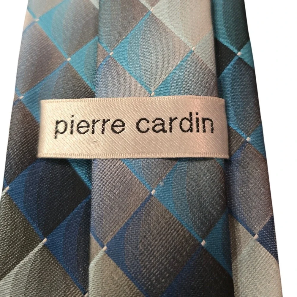 Pierre Cardin Mens Geometric Diamond Silk Feel Blue Grey‎ Necktie Hand Made